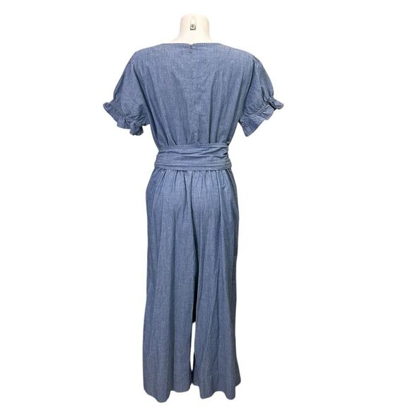 J. Crew Ruffle Chambray Puff Sleeve Jumpsuit Wide Leg 100% Cotton Size 12 - Picture 5 of 10